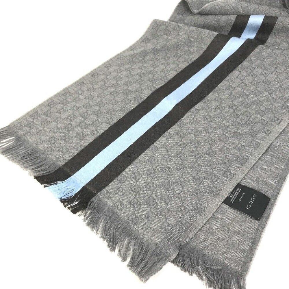 GUCCI 542984 GG fringe Scarf wool / silk Gray x blue x black - Picture 3 of 9
